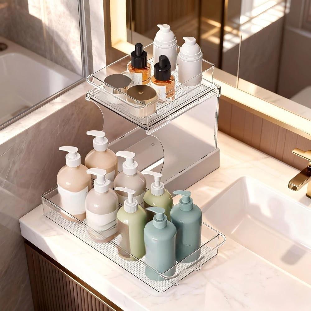 Double Layer Pull-Out Cabinet Organizer, Rotating Sliding Drawer Storage Rack, Kitchen and Bathroom Use, Under Cabinet Storage Shelf