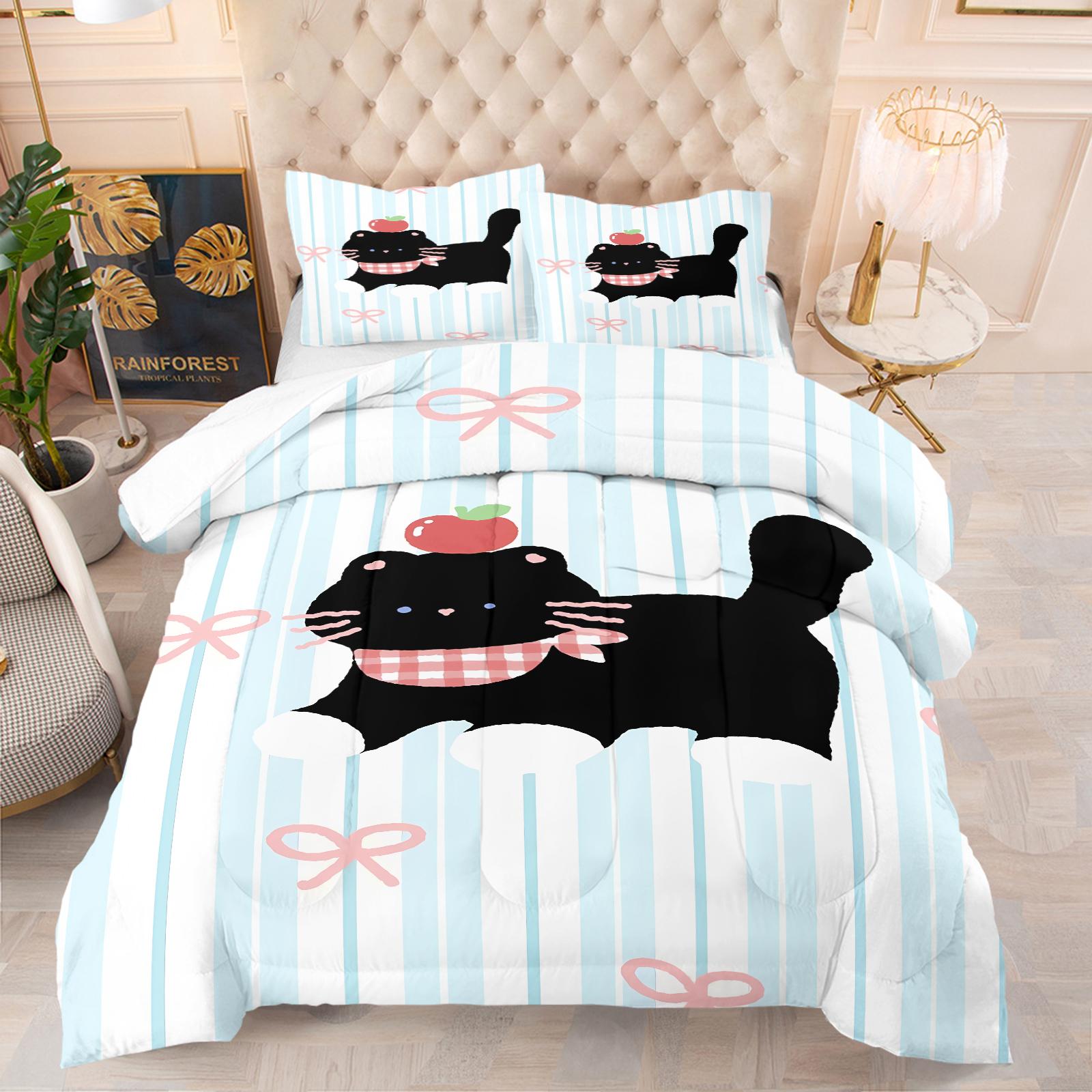 Happy Healing Cat Series Pattern Quilt, Includes 1 Quilt and 1/2 Pillowcases, Soft Comfortable Home Bedding, Perfect for Dorm or Bedroom Decor