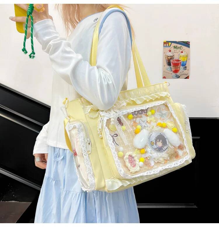 New Nylon/Polyester Ita Bag for Lolita Girls - Transparent Large-Capacity Shoulder Tote, Crossbody, DIY Display Casual Handbag