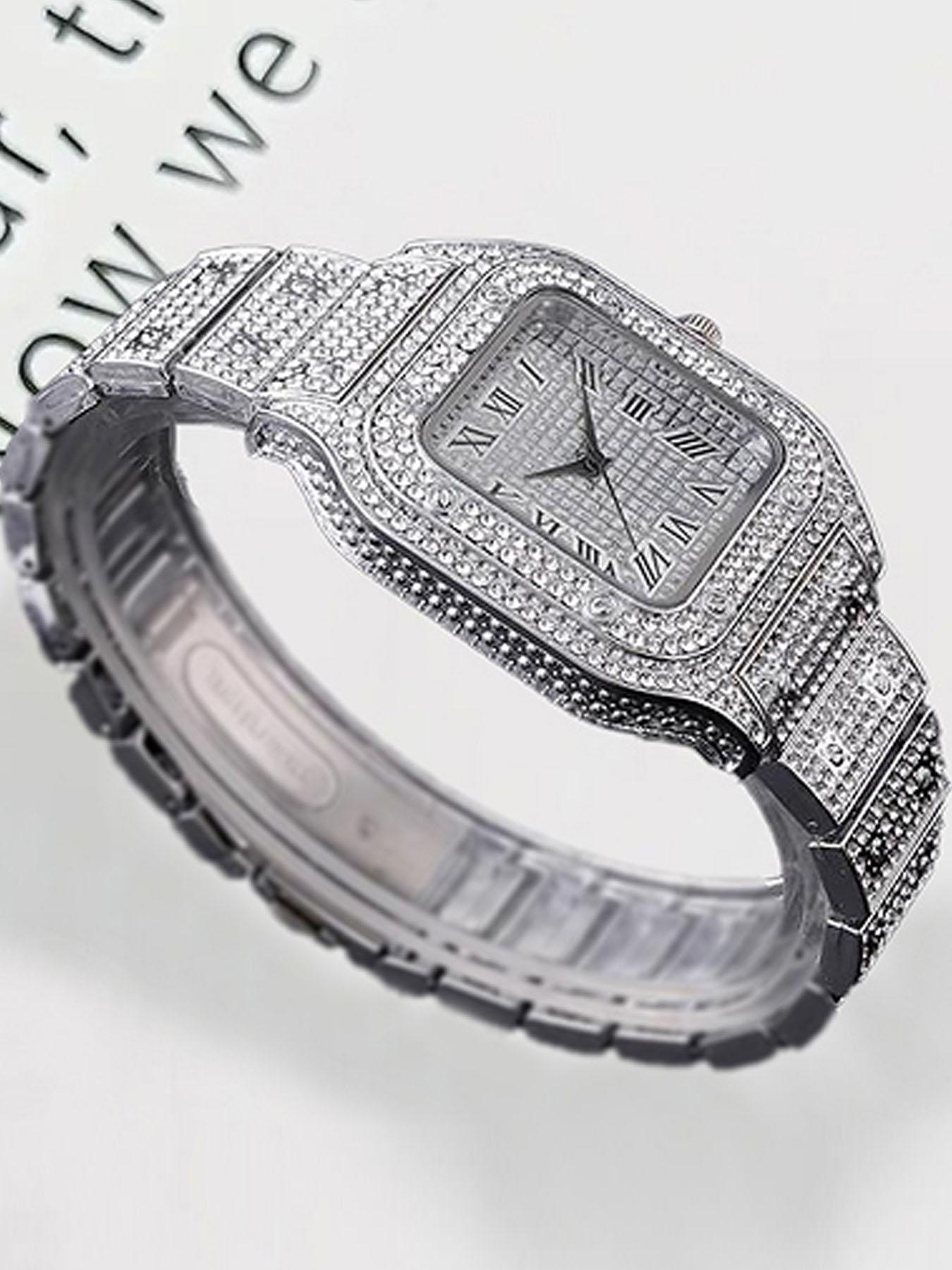 Men's Casual Fashion Quartz Watch, Elegant Square Dial Rhinestone Decorated Alloy Case Wristwatch, Classic Simple Fashion Street Style For All Seasons, Black Friday Deal Watch Suitable For Casual Business Wear, Birthday Christmas Gift