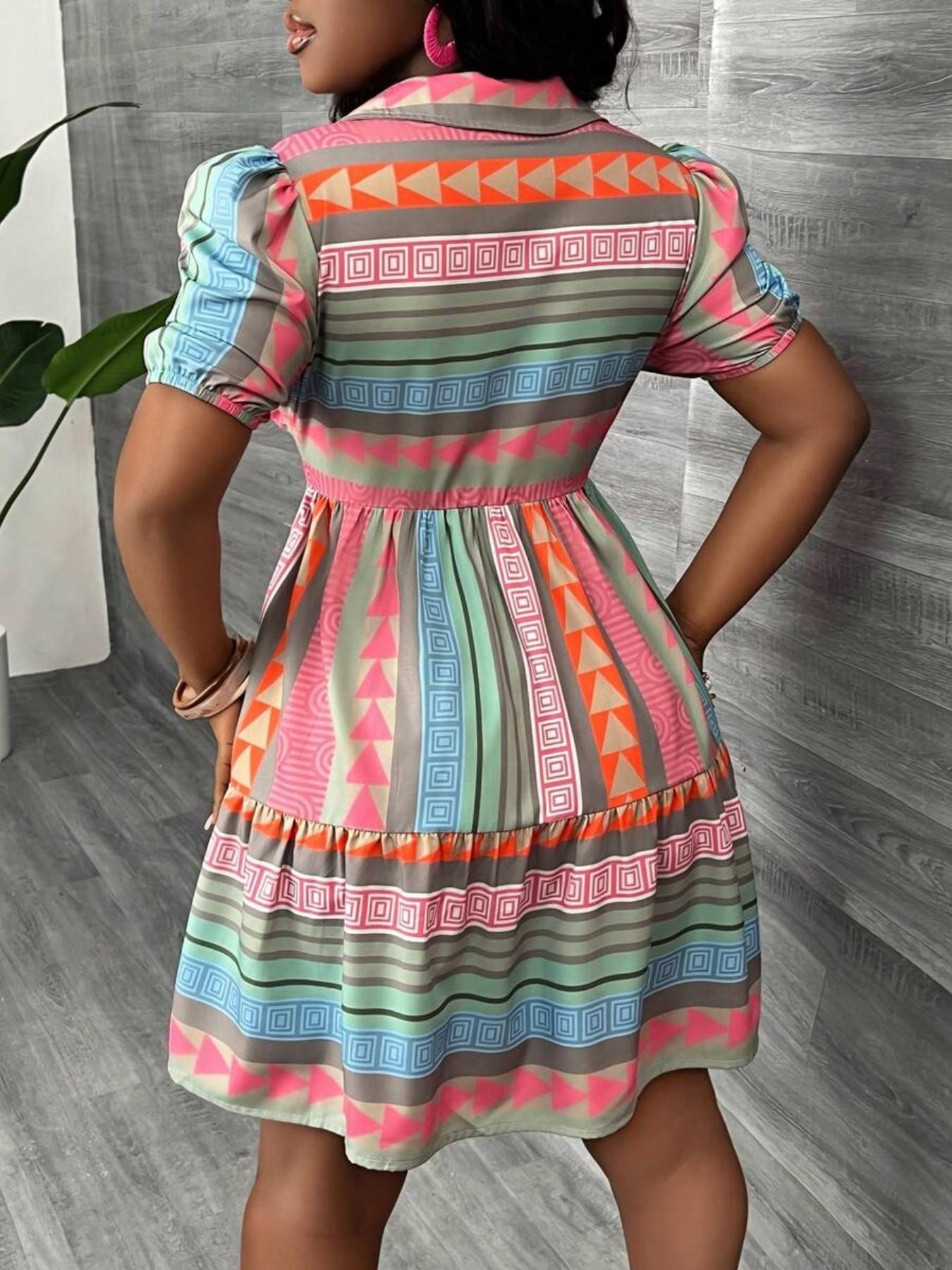 Women's Boho Style Colorful Print Dress, Short Sleeve Button Design Layered Dress, Knee Length, Loose-Fit, Beach Vacation Casual Wear, Bohemian Style Sundresses