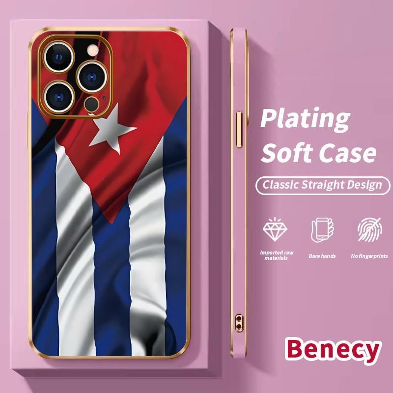 Cuba's Fluttering Flag Pattern  Electroplated TPU Phone Case for iPhone 17 15 Pro Max 16 14 Air Plus 13 12 11 Classic Straight Design Ultra Thin Soft Smartphone Cover, Handheld, Cellphone, Protection