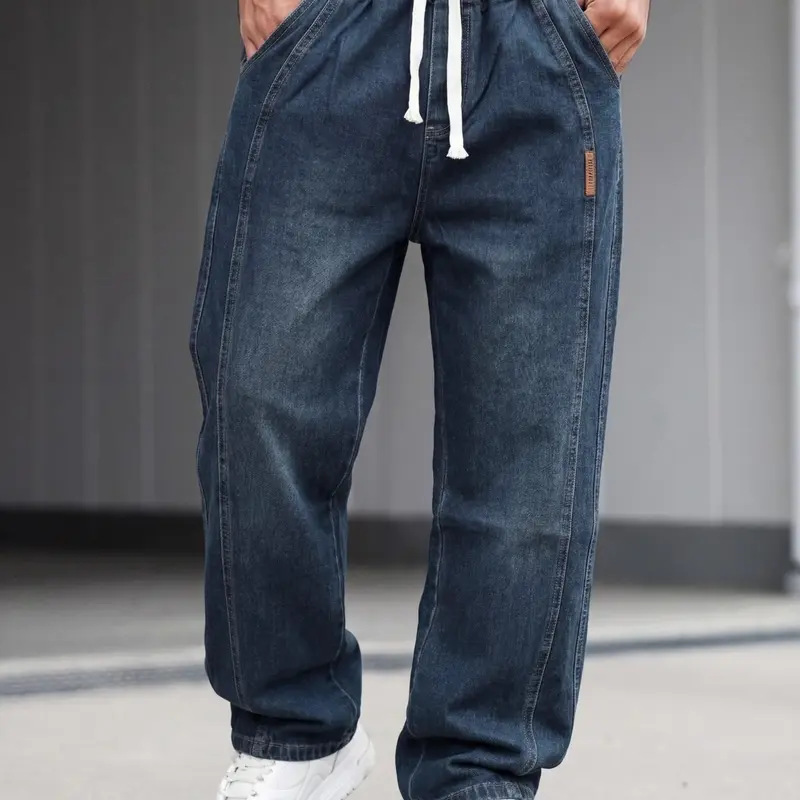 Men's Elastic Waist Drawstring Jeans with Pocket, Deep Wash Loose Straight Leg Pants, Streetwear Style Casual Denim Trousers, All Seasons Fitted Jeans, Plain Jeans Pants, Casual Comfy Jeans