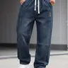 Men's Elastic Waist Drawstring Jeans with Pocket, Deep Wash Loose Straight Leg Pants, Streetwear Style Casual Denim Trousers, All Seasons Fitted Jeans, Plain Jeans Pants, Casual Comfy Jeans