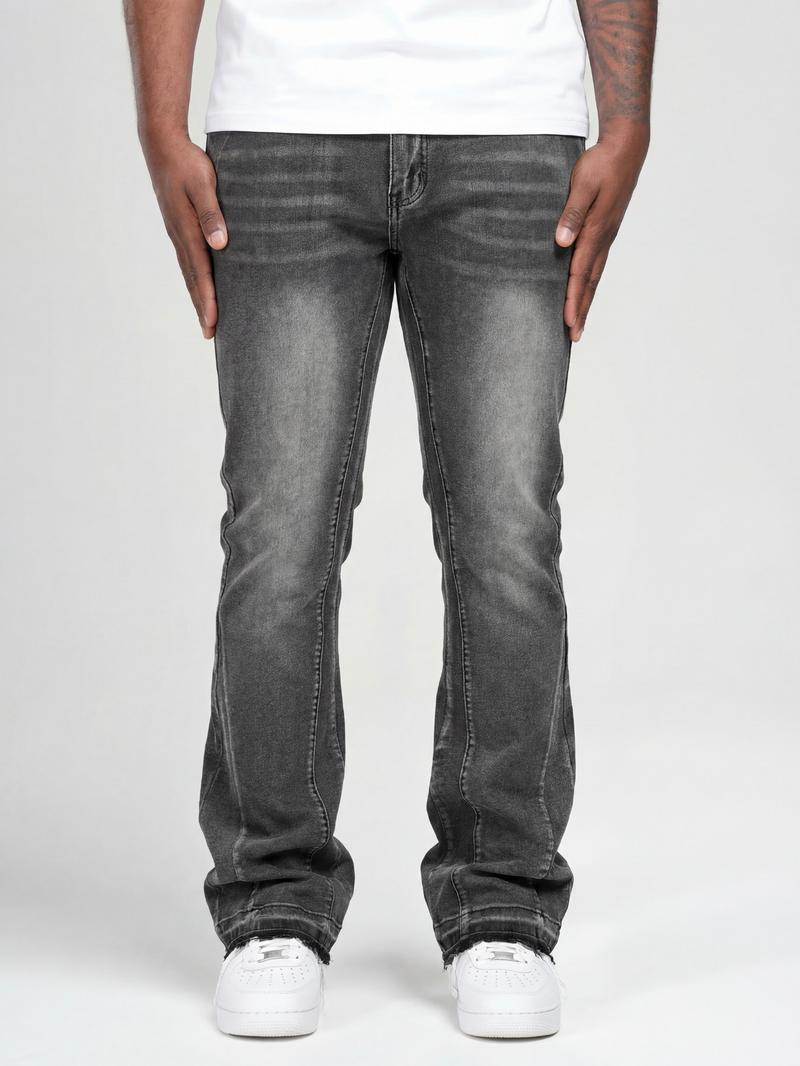 Men's Deep Washed Vintage Slim Fit Bell Bottom Jeans, Trendy Versatile Rock American Streetwear Denim Jeans