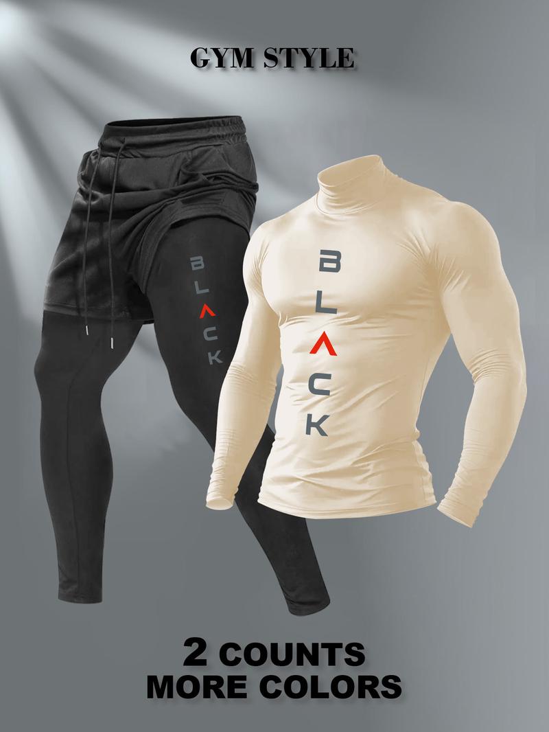 Men's High Neck Warm Long Sleeve T-Shirt + Faux Two-Piece Pants Set, Casual Fashion, Fall & Winter Wear, Comfortable and Stylish