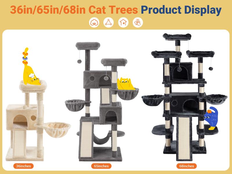 Allewie 36in/65in/68in  Multi-Level Tall Cat Tree for Indoor Cats/Larger Tower with Wide Base/Cozy Plush Cat Perches/Cat Condo with Hammock/Sisal Scratching Posts#TikTokShopfalldealsforyou