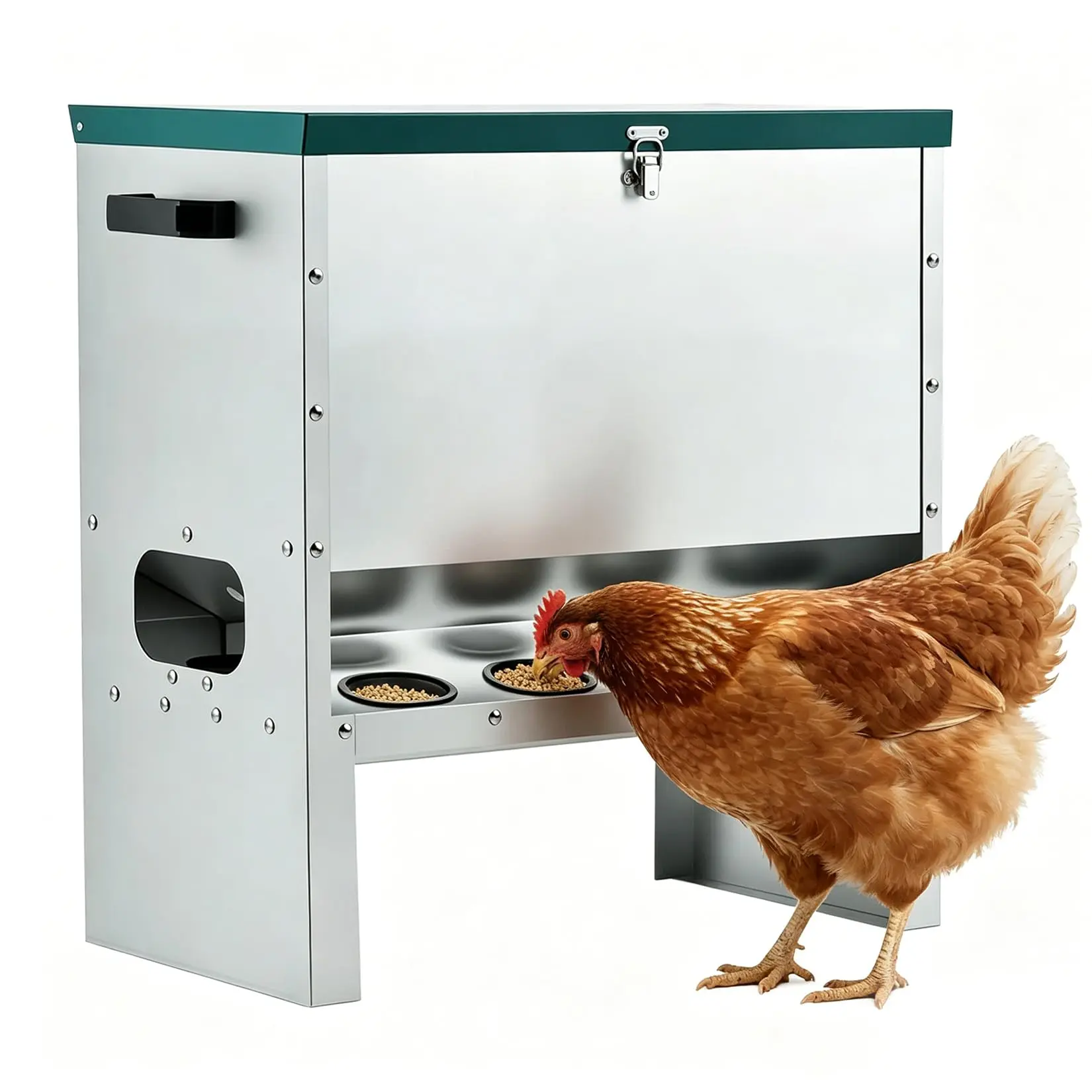 Galvanized Steel Automatic Poultry Feeder Trough - 25 lb Capacity, 6/10 Slots, No-Waste Automatic Feed, Weatherproof, Lockable Lid, Carry Handle, for Chickens/Ducks Outdoor Coop