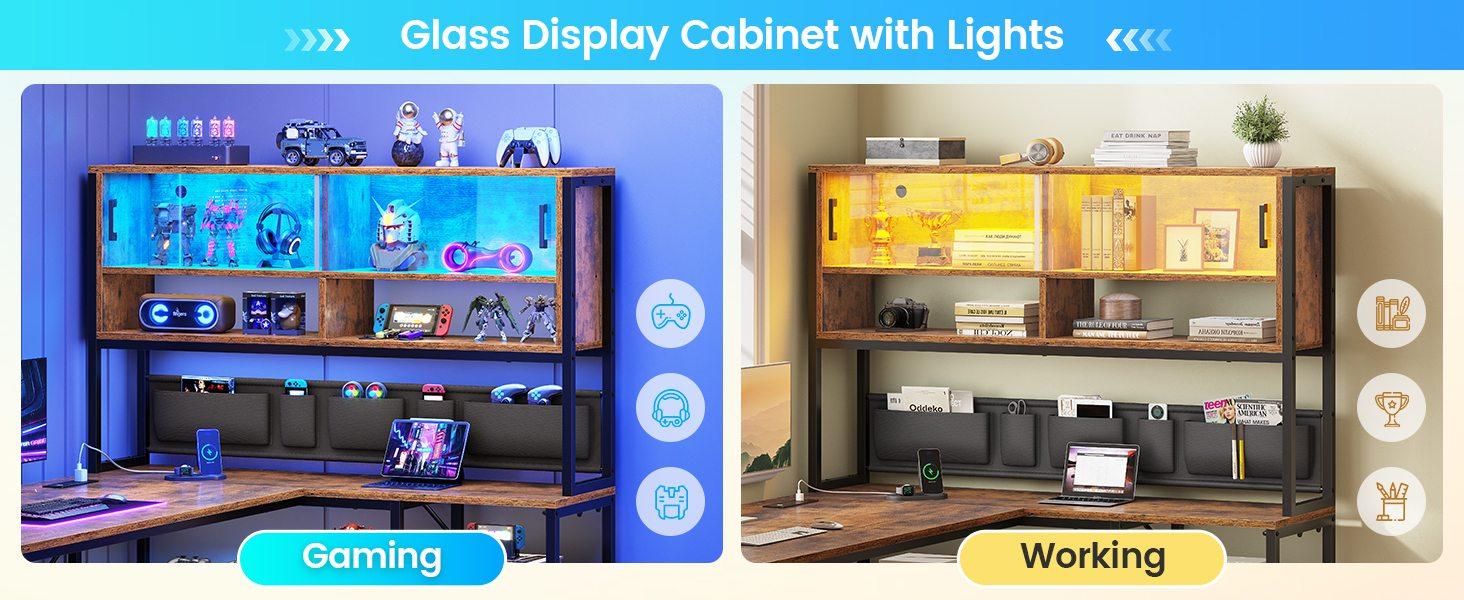 Sedeta L-shaped Computer Desk Home Office with 2 Drawers & Hutch Game Table LED Lights Glass Cabinet Storage Pockets Gaming Keyboard Wood Workstation Sedeta L-shaped Computer Desk Home Office with 2 Drawers & Hutch Game Table LED Lights Glass Cabinet Storage Pockets Gaming Keyboard Wood Workstation