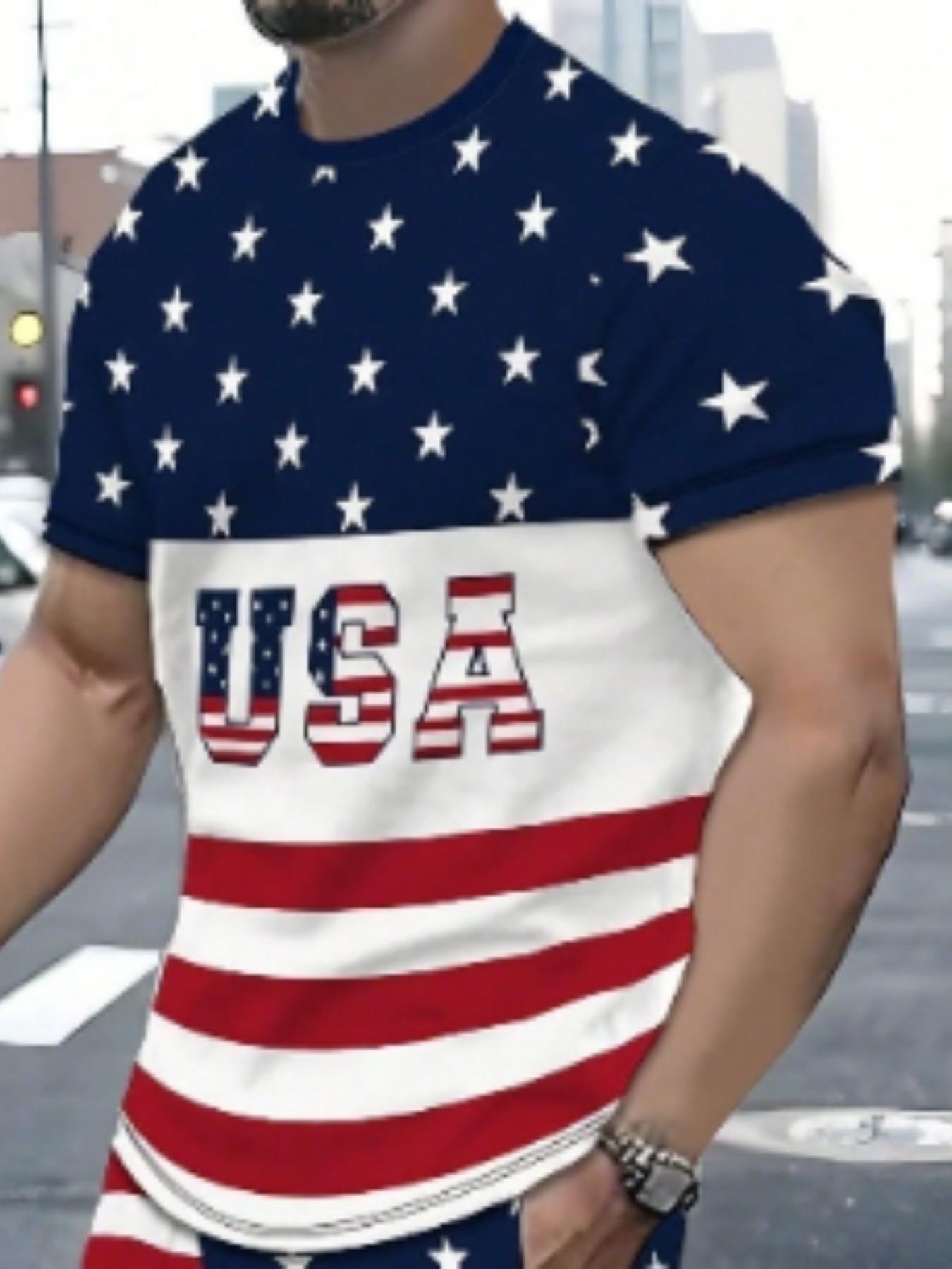 Men's Colorblock Usa Flag Pattern Casual T-Shirt and Shorts Set, Polyester Knit Stretch, Fitted, Summer 2-Piece