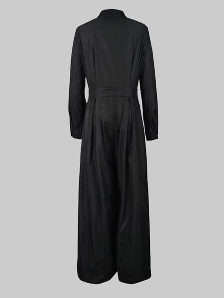 Women's Plain Long Sleeve V Neck Jumpsuit, Loose Wide Leg One-Piece, Casual Fashion for Spring & Fall Seasons