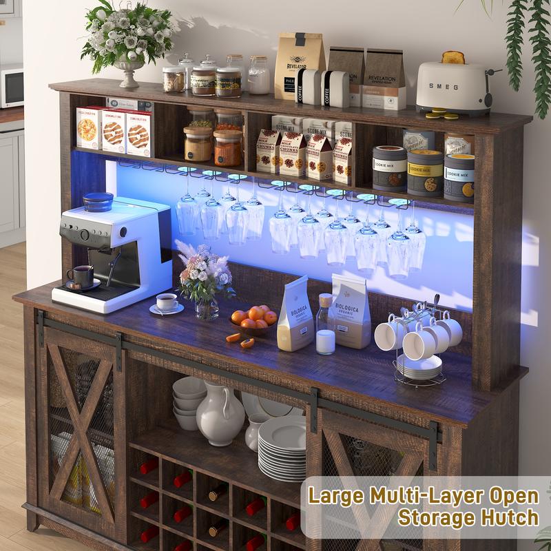 63"W/47"W/31.5"W Farmhouse Coffee Bar Cabinet with LED Light,Wine Bar Cabinet w/ Tier Storage Hutch,Kitchen Buffet Cabinet w/Sliding Barn Door & Wine and Glass Racks for Kitchen Dining Room(Brown/Antique White/Dark Rustic Oak)