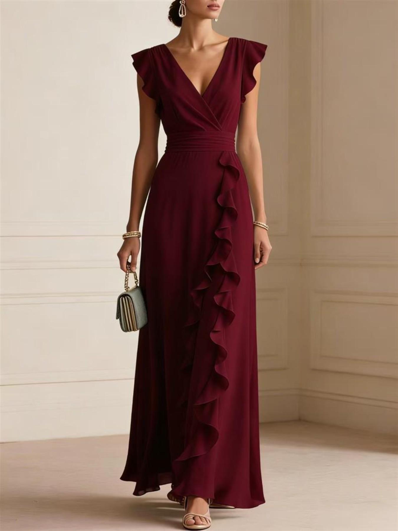 【XX72 Exclusive】Women’s Elegant Maxi Dress, V Neck Ruffle Dress, Flutter Sleeve Wrap, Formal Long Dress, Wedding Guest Evening Party Gown