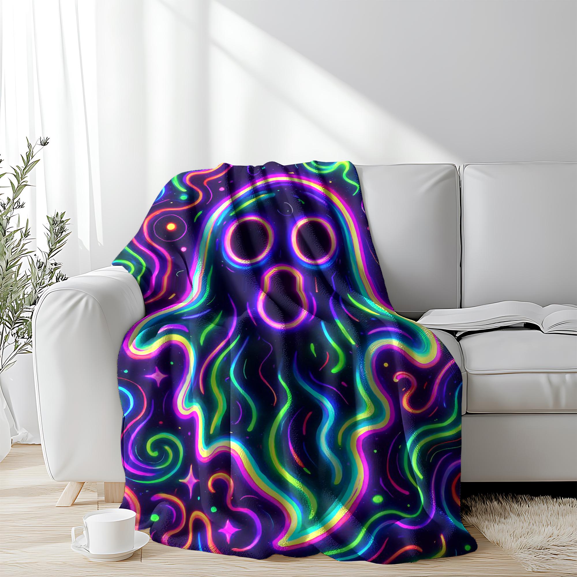 Neon Trippy Rainbow Ghost Throw Blanket, Blacklight UV Reactive Psychedelic Swirl Spooky Spirit Flannel Blanket, Indie Weirdcore Glowing Cartoon Halloween Decorative Sofa Cover, Soft Cozy Plush Blanket for Teen Boys Girls EDM Bedroom