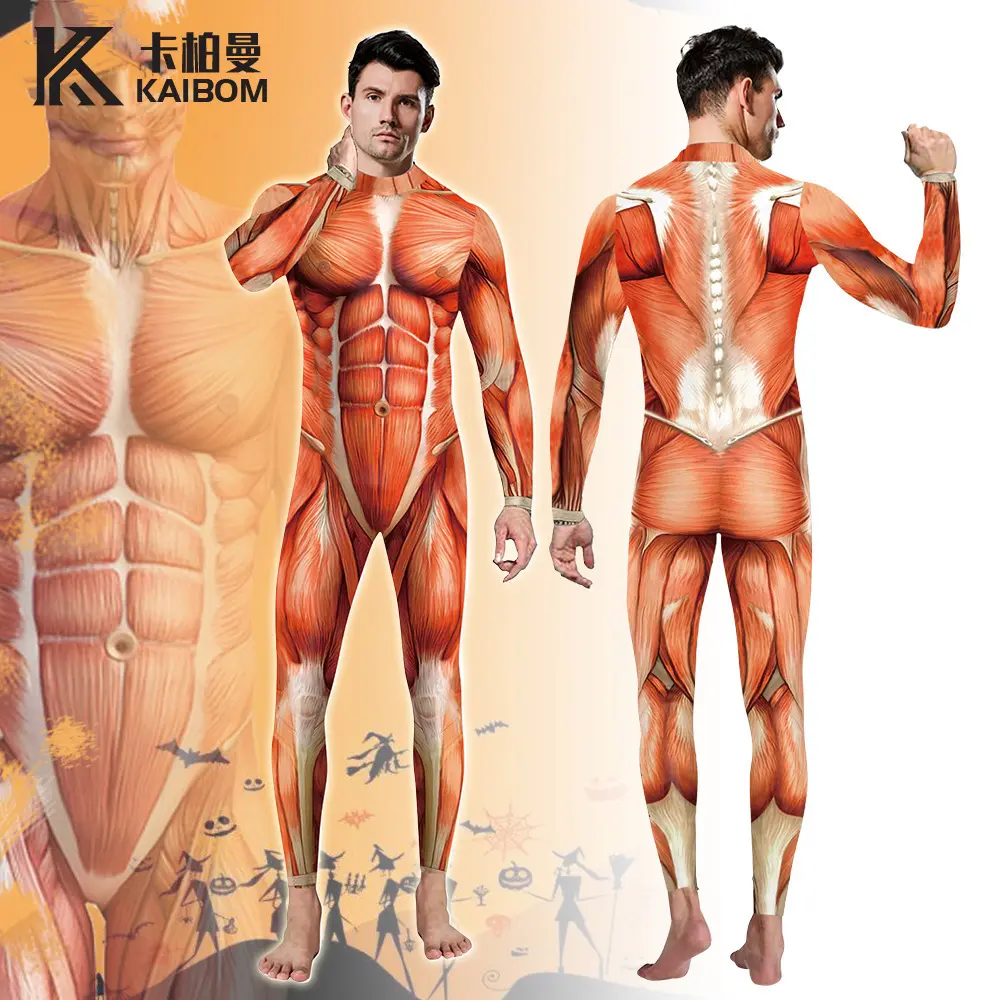 3D Realistic Muscle Print Men's Jumpsuit, Halloween Cosplay Full‑Body Tight Bodysuit, Novelty Stage Performance Party Costume
