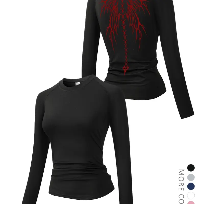 Skull Skeleton Wings Print Long Sleeve Sports T-Shirt for Women, Spring & Fall Round Neck Quick-Dry Breathable Elastic Yoga Running Top