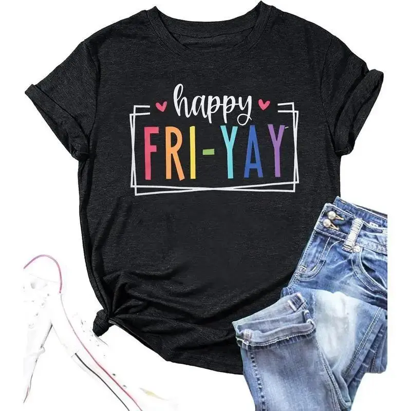Women's Happy Friday Teacher T-Shirt, Lightweight Foldable Casual Fit, Digital Print Solid Colors Holiday Vacation Tee Top, Seamless, Shortsleeve, Graphics, Fabric, Smooth, Soft, T Shirts Women