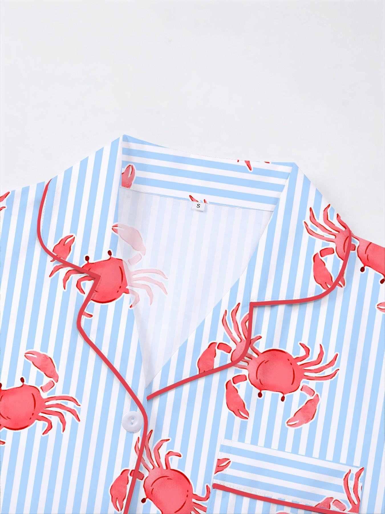 Women's 2-Piece Crab Print Pajama Set, Short-Sleeve Button-Up Top & Elastic Shorts, Casual All-Season Sleepwear, Homewear and Loungewear Set for Home and Party
