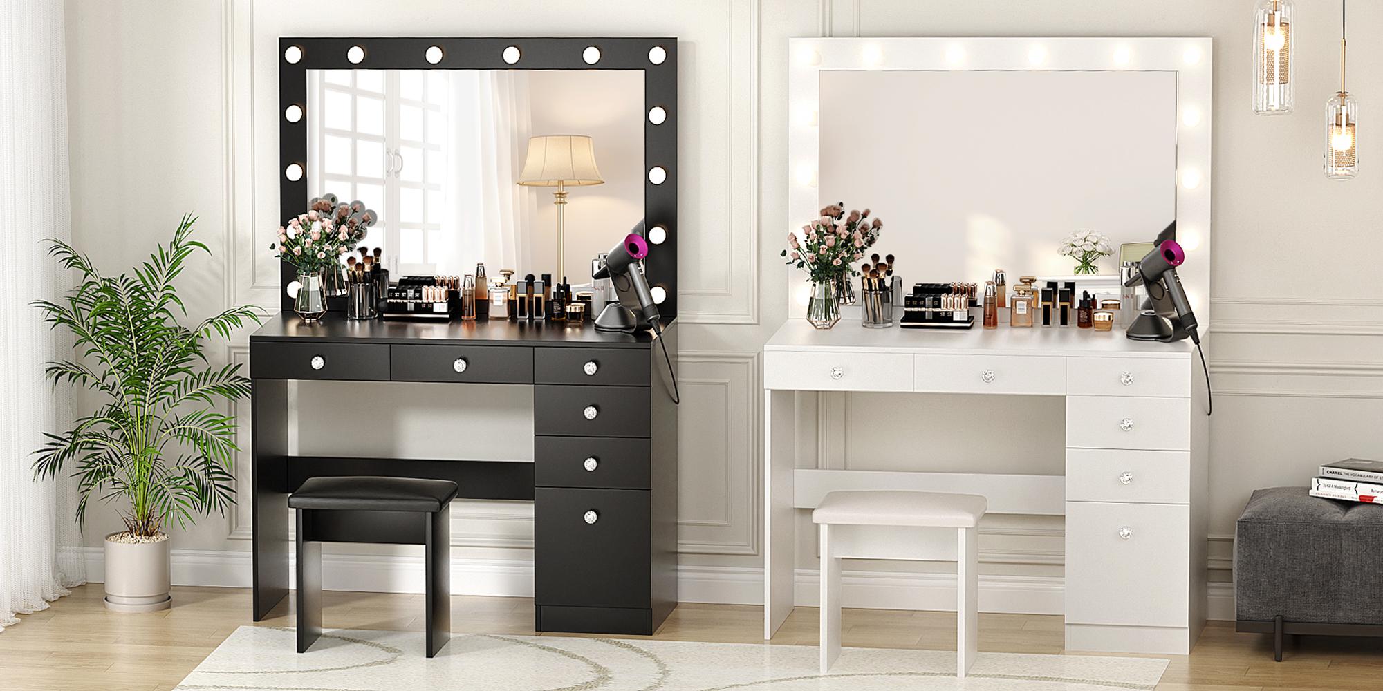 VOWNER Makeup Vanity Desk Set With Large Mirror, power outlet ,3 Color Of Light, 5 Drawers and 1 Cabinet For Storage, for bedroom, white