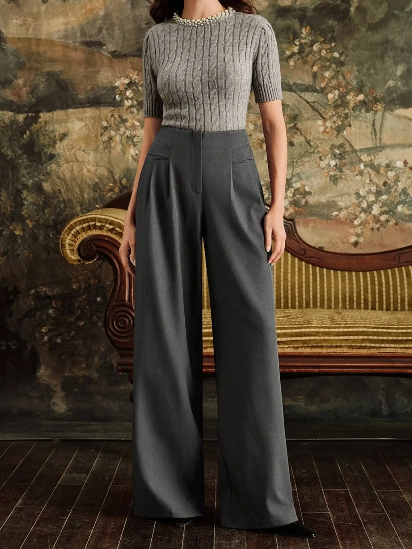 Women's Dark Elegant Casual Straight Leg Pants, No Button Waist, Suitable for Fall Winter, Formal Events, Parties, Work, Weddings