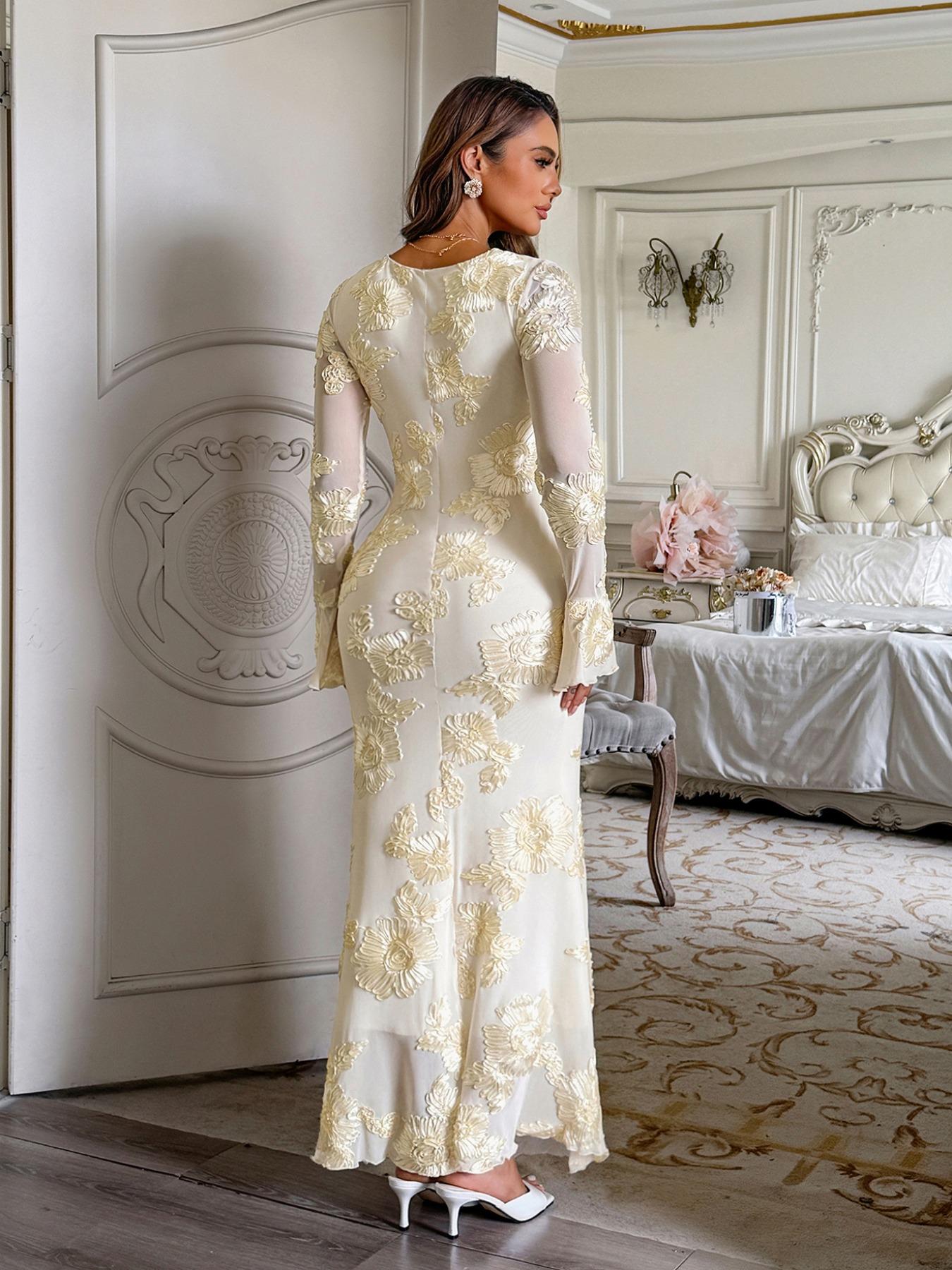 Elegant Floral Pattern Long Sleeve Slim Fit Bodycon Dress, Elegant Romantic Dress, Casual Fall Fashion, Women's Long Sleeve Dress, Stylish and Comfortable