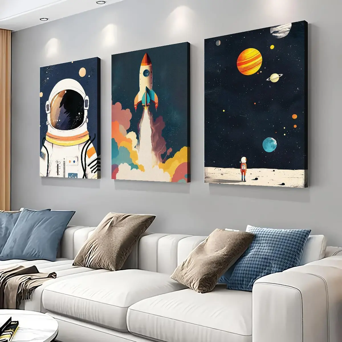 3-Piece Wooden Frame Canvas Wall Art - Space Art Astronaut Rocket Planet Modern Art Print, Bright Aesthetic Decoration, Suitable For Living Room, Bedroom, Office, Ready To Use, Ideal Home Decoration Gift, Perfect Holiday Decoration For Halloween