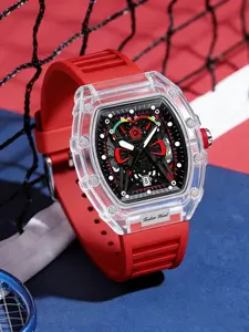 Men's Fashion Barrel Cutout Quartz Watch, Transparent Case, Calendar Display, Soft Silicone Strap, Sporty Analog Watch, Ideal Gift