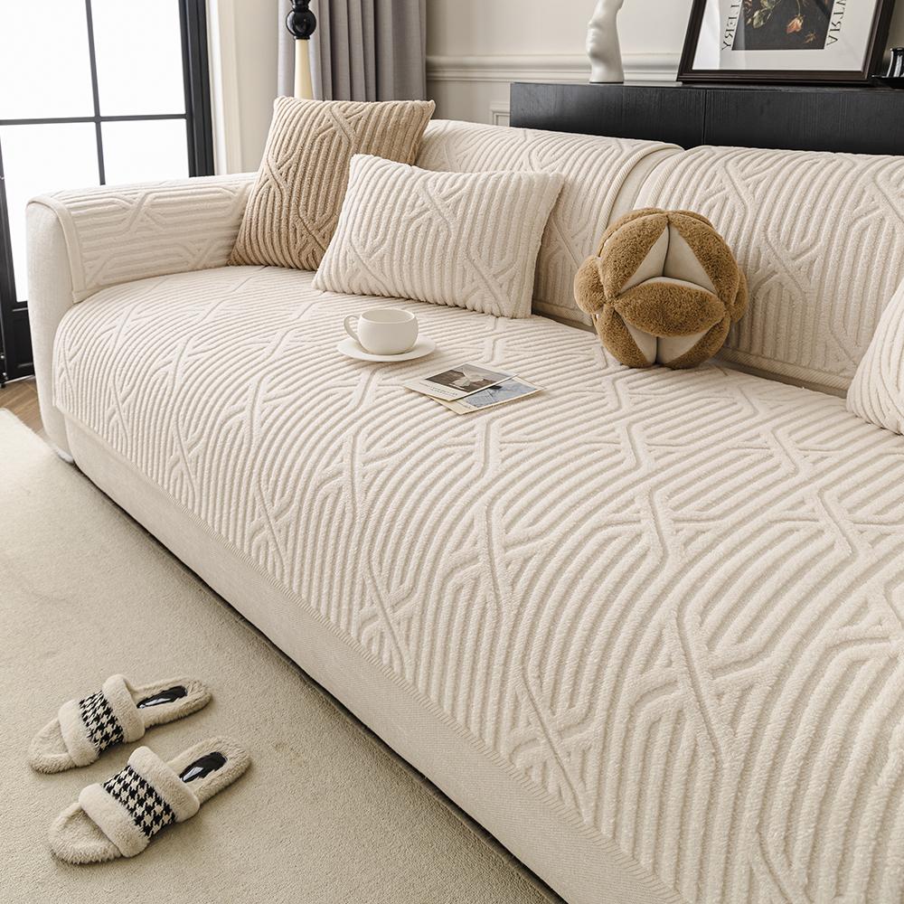 Comfortable Cross-Stitch Plush Sofa Cushion, Thick Soft Pet-Friendly Universal Sofa Protector, Non-Slip Faux Fur Chair Cover for Living Room Bedroom Office Decor