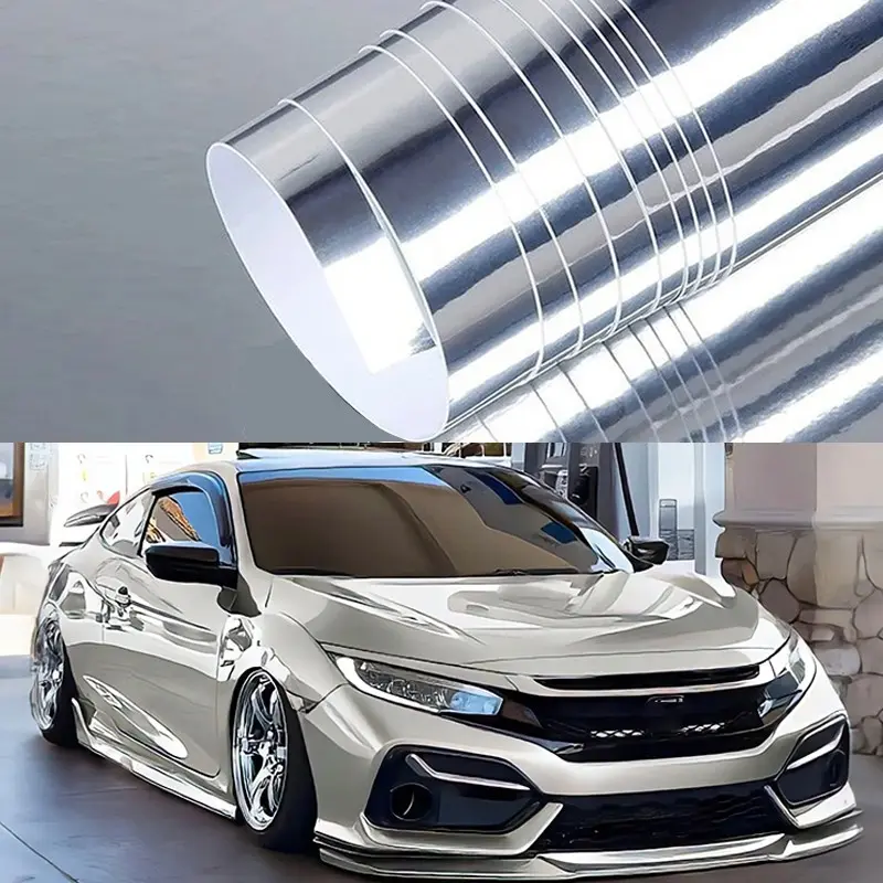 PVC Silver Mirror Chrome Stretchable Flexible Vinyl Wrap Film With Air Release Self Adhesive No Residue Car Motorcycle Sticker Decal