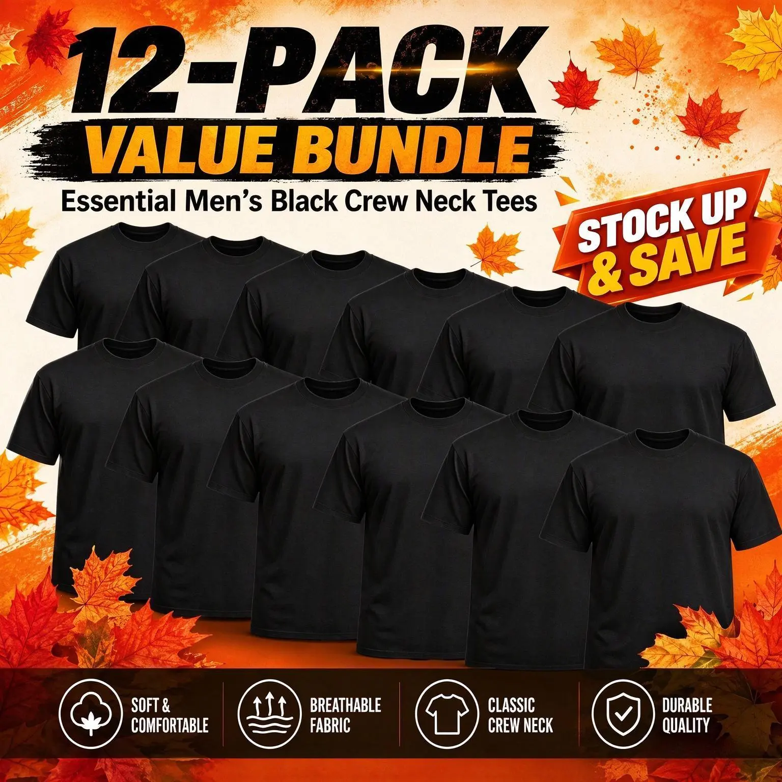 $39.98 PEAKMOTIVE 12-Pack Men's Black Crew Neck Basic Tees, Cotton Blend Short Sleeve Undershirts, Comfort Fit Easy Care Durable Tops for Gym, Summer Daily & Casual Wear