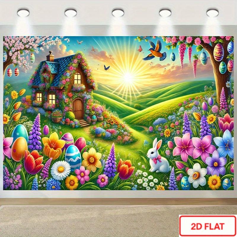 1pc Spring Cottage Easter Bunny & Tulip Cottage Backdrop - Large Horizontal Pastel Egg & Tulip Wall Hanging with Smiling House Design, Durable Polyester Fabric for Party Decorations, Easter Egg H