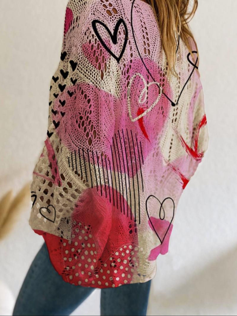 Women's Casual Knit Top, Heart Pattern Long Sleeve Sweater, Loose Fit Batwing Shoulder Design, Spring Summer Fashion