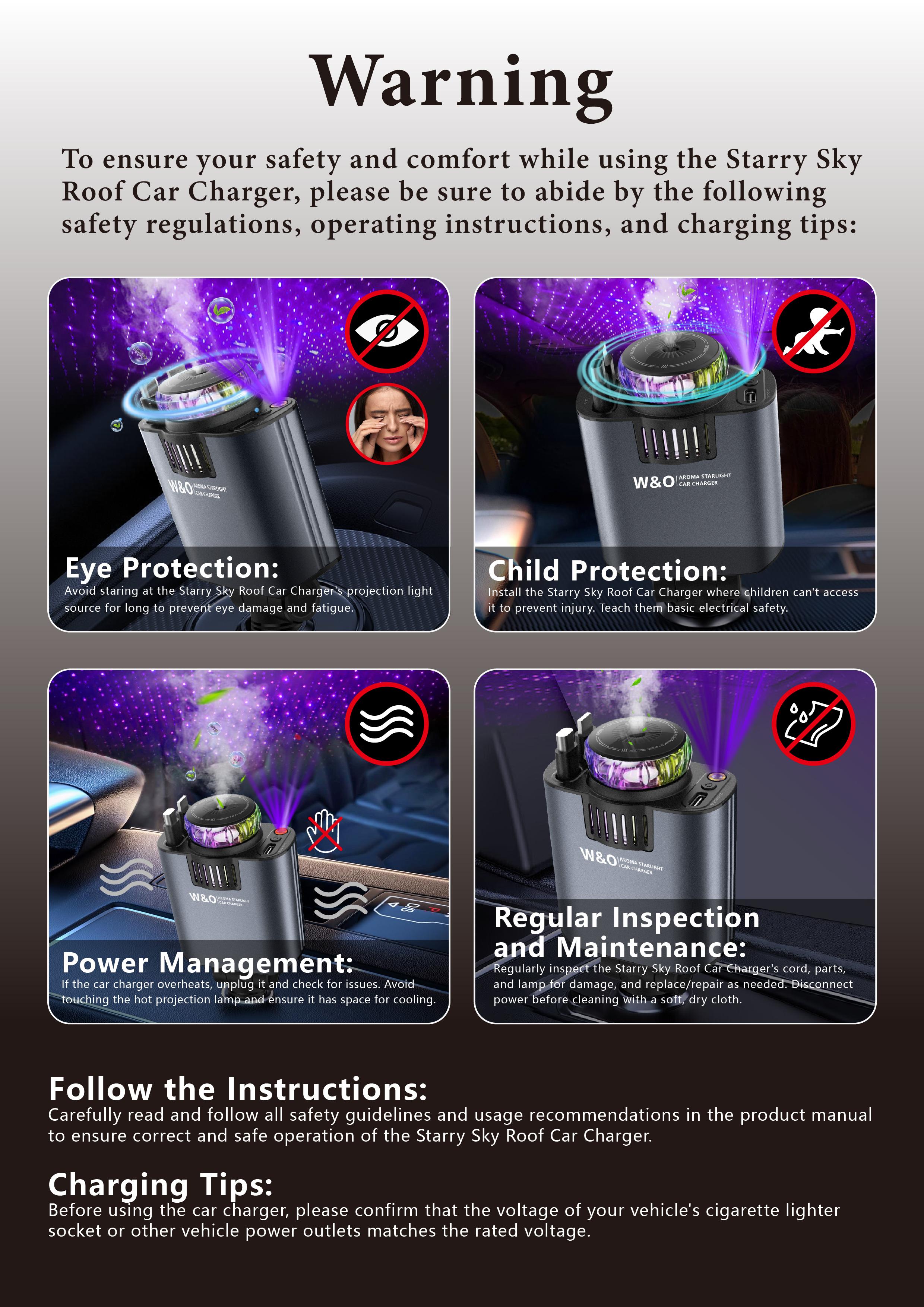 W&O 5-in-1 Smart Car Charger with Car Air Aromatherapy Diffuser-Free, Plant Extract Formula for Mothers and Youngsters, Vehicle & Travel, Features Intelligent Sensing & Atmosphere Lighting, Car Air Freshener Starlight Headliner Car Charger