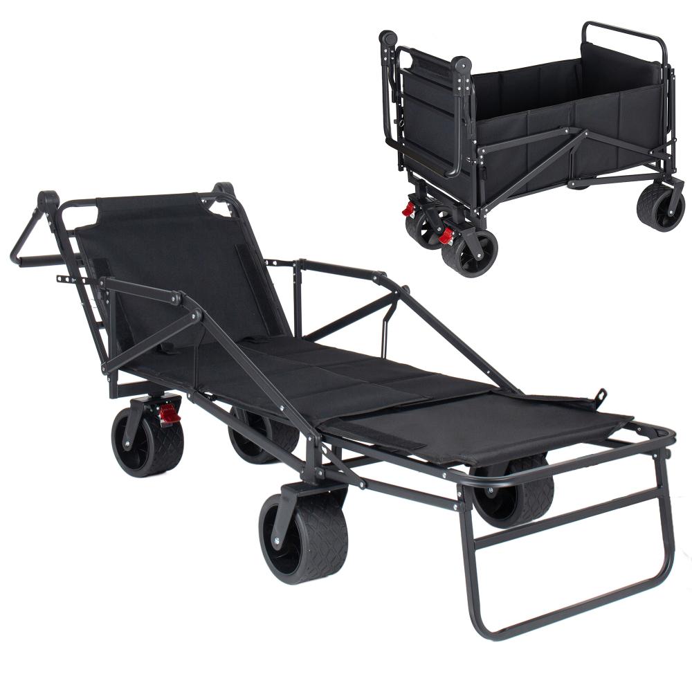 2-in-1 Multifunctional Folding Wagon Carts, Convertible Beach Chair with All-Terrain Wheels, 650lb Capacityfor Shopping Beach Camping Sports Garden, Black