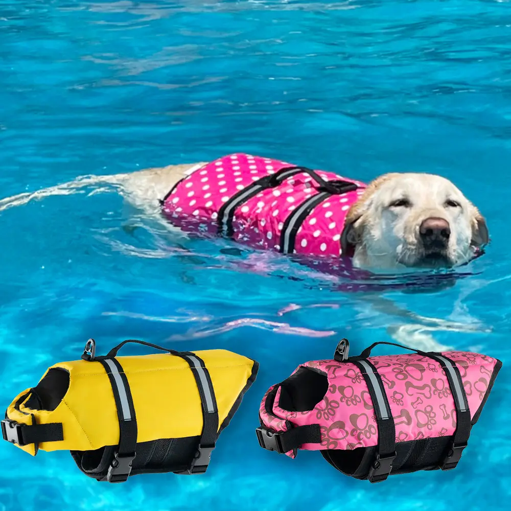 Pet life jacket, pet supplies, dog swimming attire, sizes for large and small dogs, summer wear, dog swimming accessories, multiple sizes.