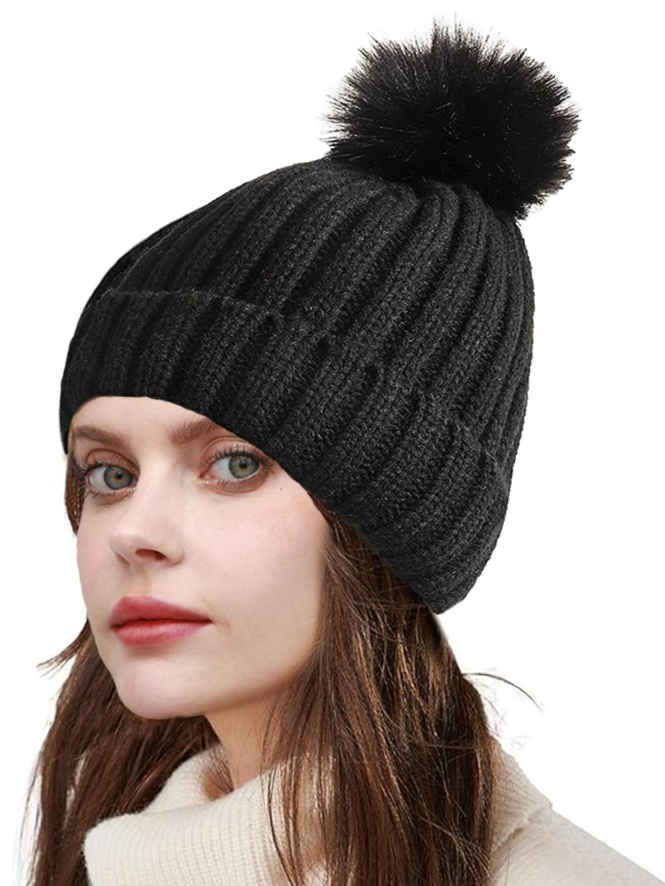 Unisex Plain Striped Beanie Hat, Satin Lined Knit Cap with Pom Pom, Warm Comfortable Windproof Winter Accessory, No Tag Design, Knitted Winter Hat