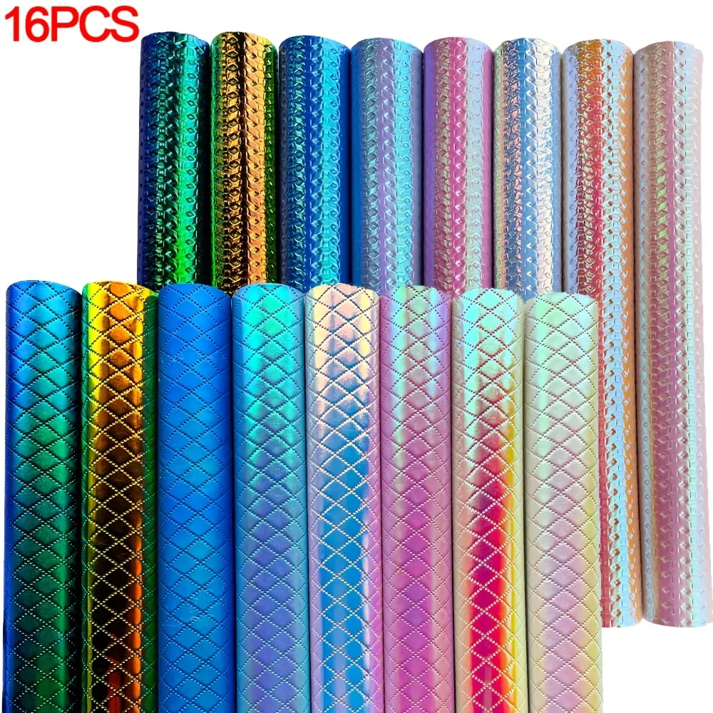 16 Rainbow Holographic PVC Fabric Backing, Rhombus Embossed Pattern, Laser Rainbow Vinyl for DIY Quilting, Bow Jewelry Making, Crafts, A4 Size, Pu Leather Material