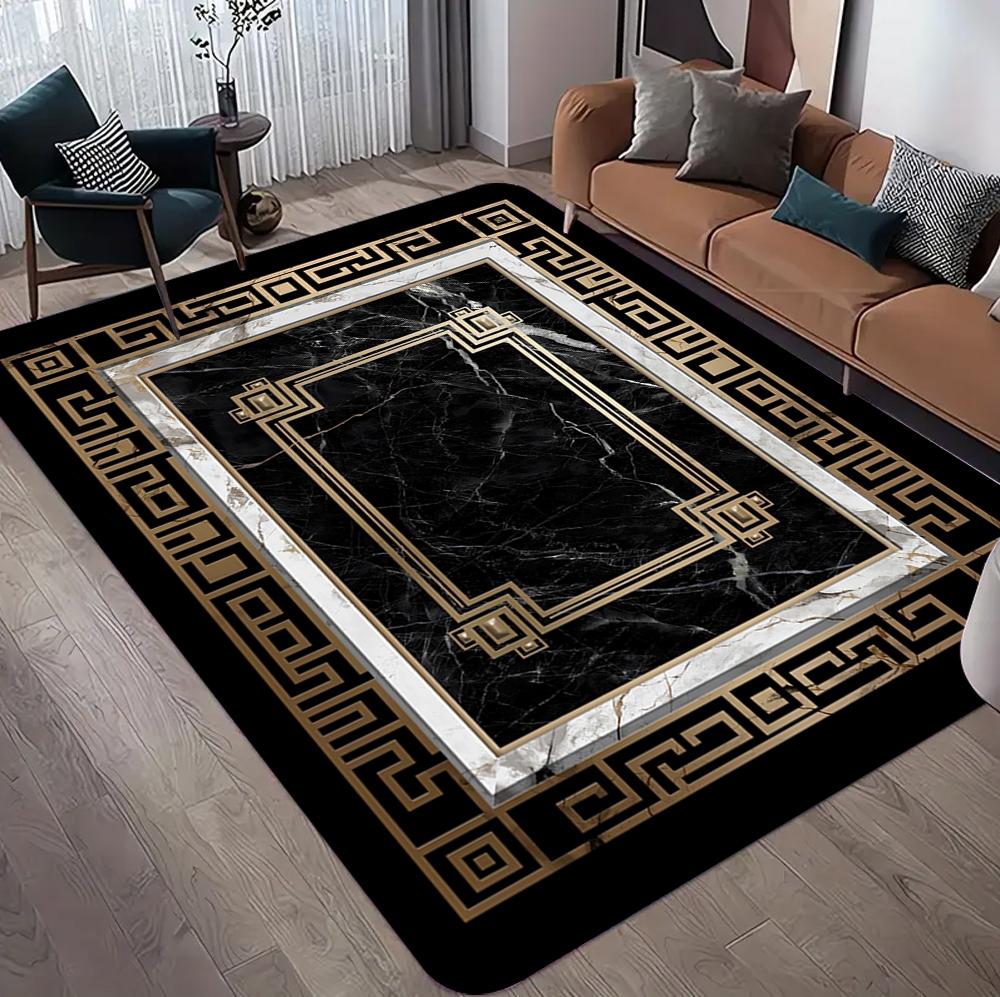 Luxury Black Green Gold Marble Flannel Area Rug - Modern Geometric Border Print Soft Mat for Living Room, Non-Slip Home Decor#LuxuryMarbleRug #BlackGreenGoldMat #GeometricBorderDecor #ModernCarpet #NonSlipFlannelRug