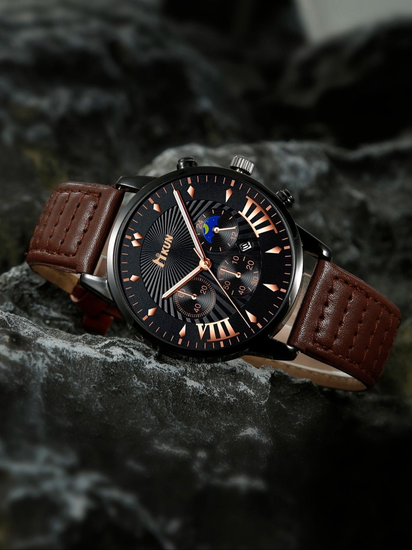 1pchkun Men's Multifunctional Fashion Watch, Vintage Roman Numerals, Moon Phase, Leather Face, Perfect Gift for Him