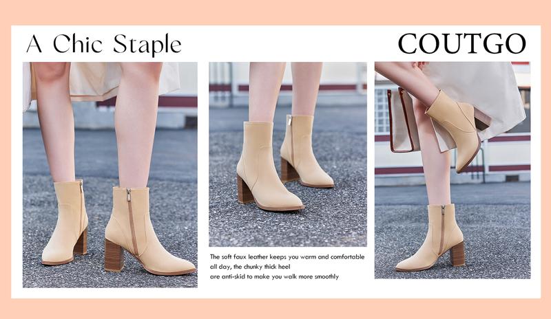 Coutgo Women's Pointed Toe Ankle Boots Chunky Stacked Heel Side Zipper Faux Leather Ankle Booties