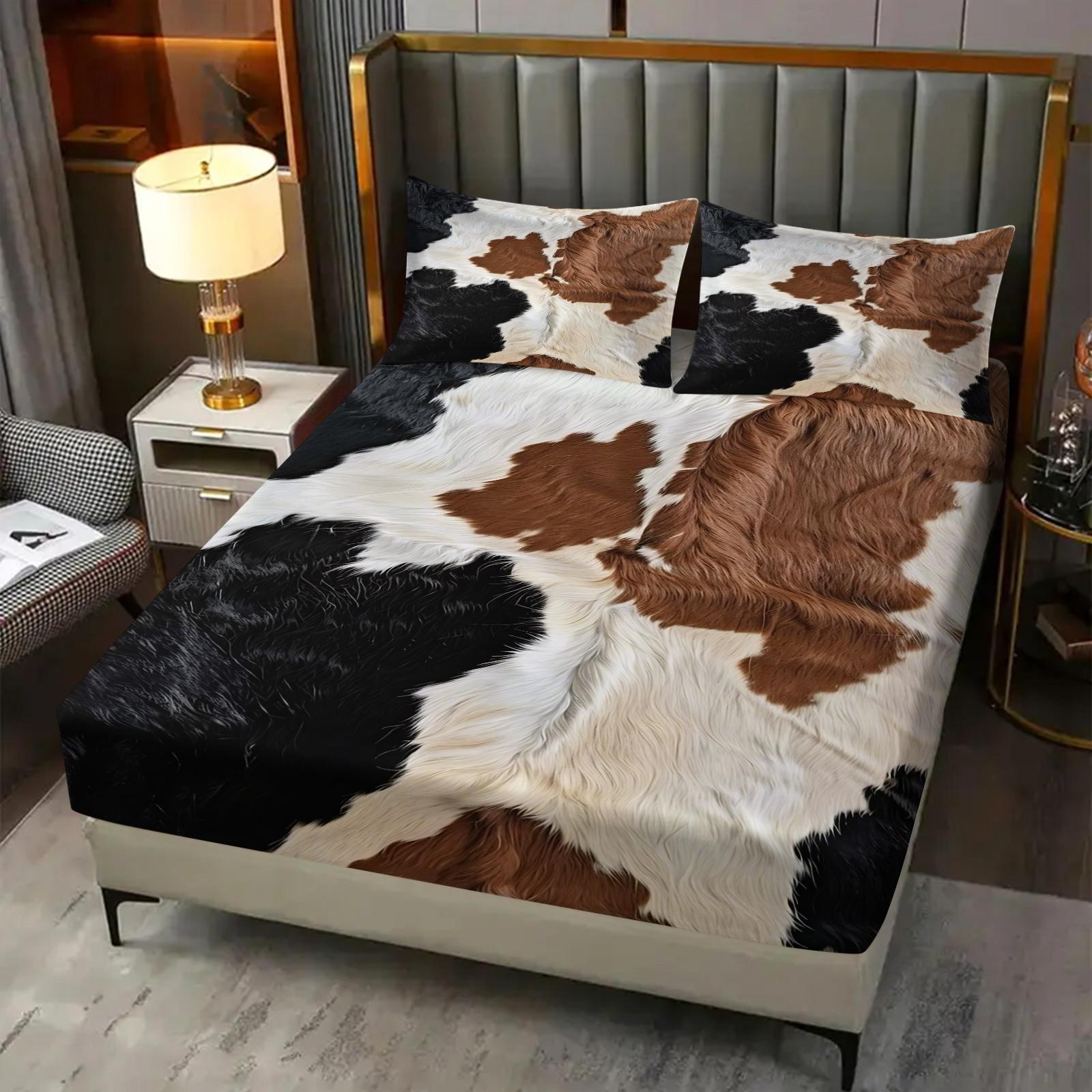 3Pcs Cowhide Inspired Fitted Sheet Set, Decorative Bedsheet Sets, Black, White, and Brown Pattern Bedding Set, Soft and Curly Texture, Stylish Bedding for a Natural Home Decor, Perfect for Rustic and Chic Bedroom Makeover,Includes 2 pillowcases