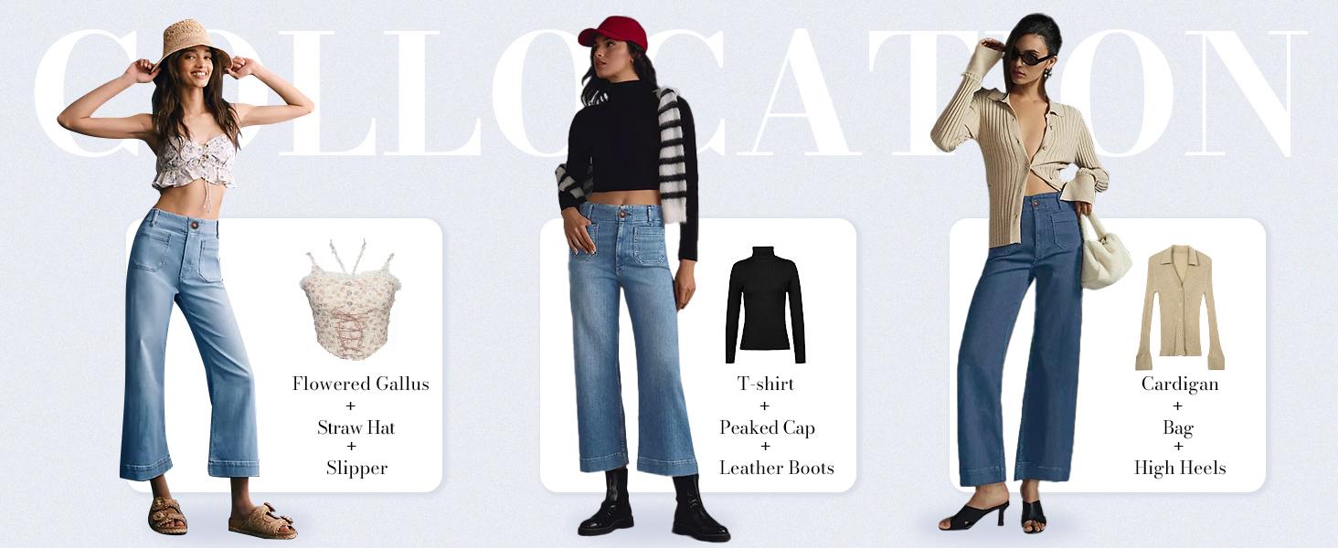 Cicy Bell Wide Leg Jeans for Women Trendy High Waisted Flare Stretchy Cropped Baggy Denim Pants with Front Patch Pockets - Womenswear