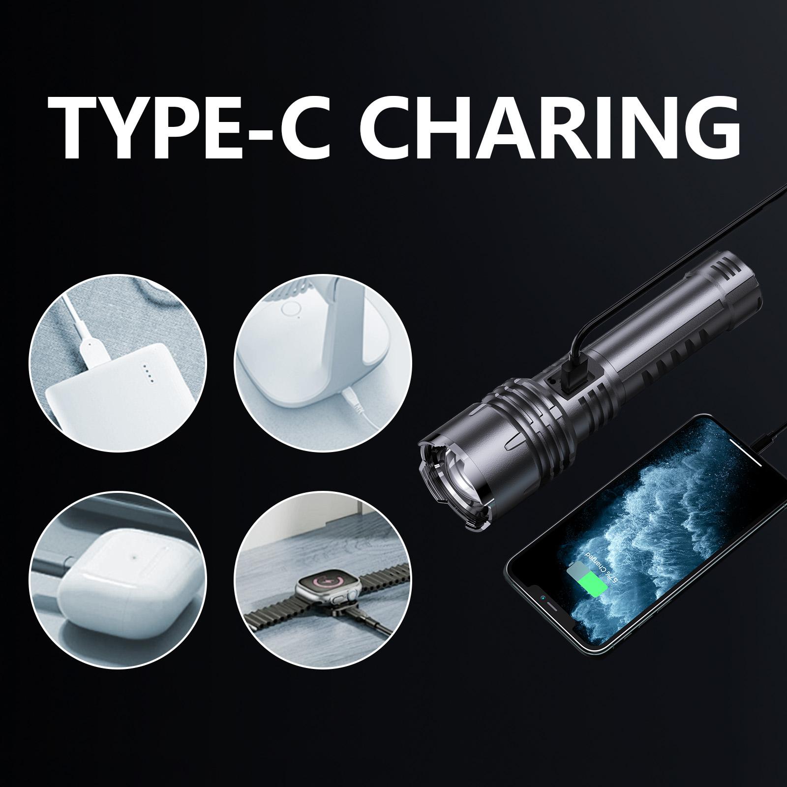 SKYFIRE 1376 Double Power Rechargeable Flashlight - High Lumen Ultra Bright, Zoomable with Fire-Gathering Lens, 5 Light Modes for Camping Outdoor Home Emergencies