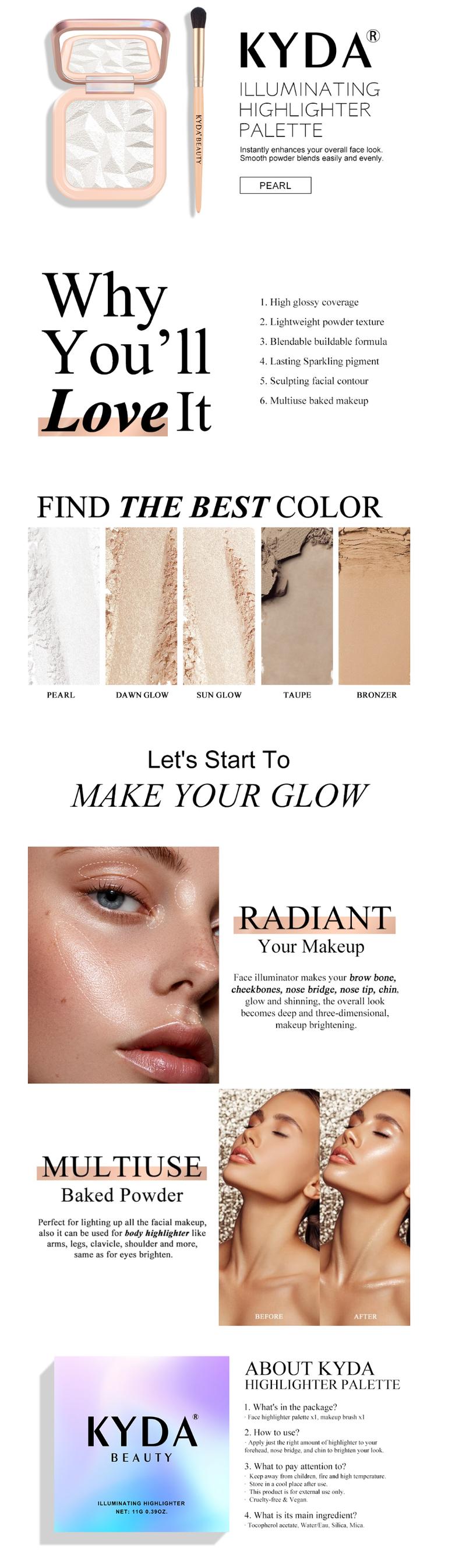 KYDA Face Highlighter Palette,High Glossy lluminator Palette, Narutal Finish,Pearl Shimmer Smooth Baked Powder,Sparkling Highlighter Glitter Silky