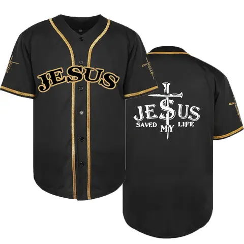 Men's Loose-Fit V Neck Baseball Jersey, Sports Style Jersey, "JESUS" Stitched Baseball Shirt, Breathable Short Sleeve Sportswear, for Sports And Leisure, Featuring Street Fashion Embroidery, Ideal for Competitions And Training Sessions, Sports Clothing