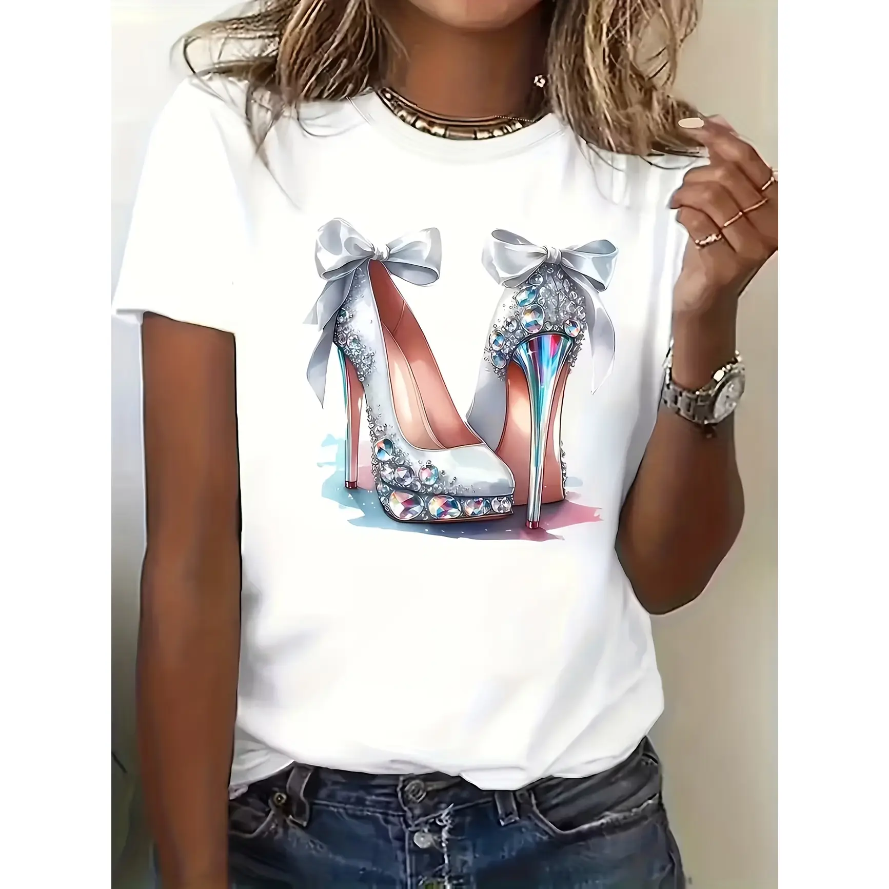 Crystal Bow High Heels Wedding Shoe Graphic Oversized Cotton T‑Shirt, Cute Fashion Outfit, Perfect Valentine Gift for Her, Best Holiday Present for Lovers Family Friends