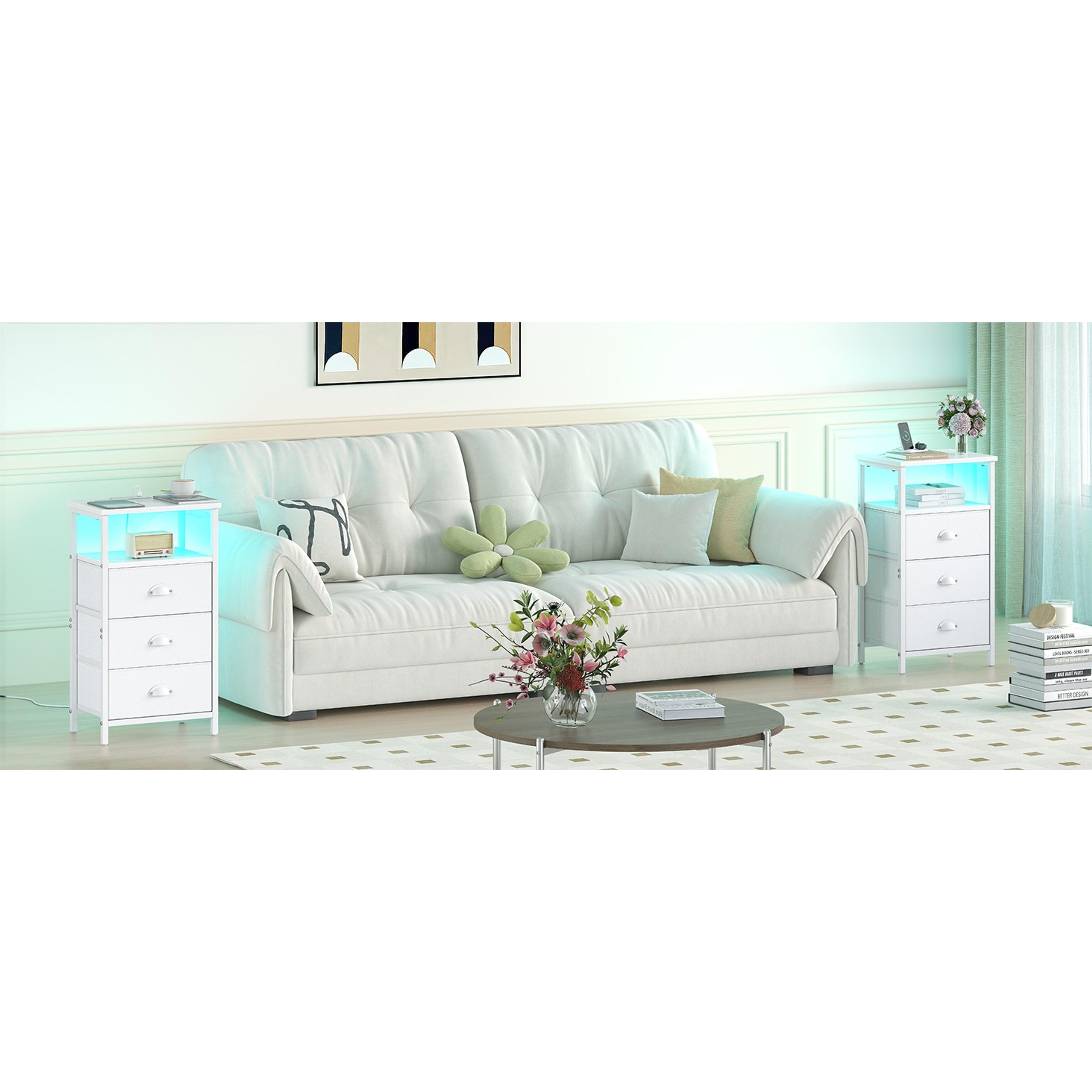 Nightstand with Charging Station,LED White Nightstand with 3 Fabric Drawers PU Finish, Bedside End Tables, 2-Tier Open Storage Shelf Side Table Nightstand with Drawers for Bedroom,White Nightstand with Charging Station,LED White Nightstand with 3 Fabric Drawers PU Finish, Bedside End Tables, 2-Tier Open Storage Shelf Side Table Nightstand with Drawers for Bedroom,White