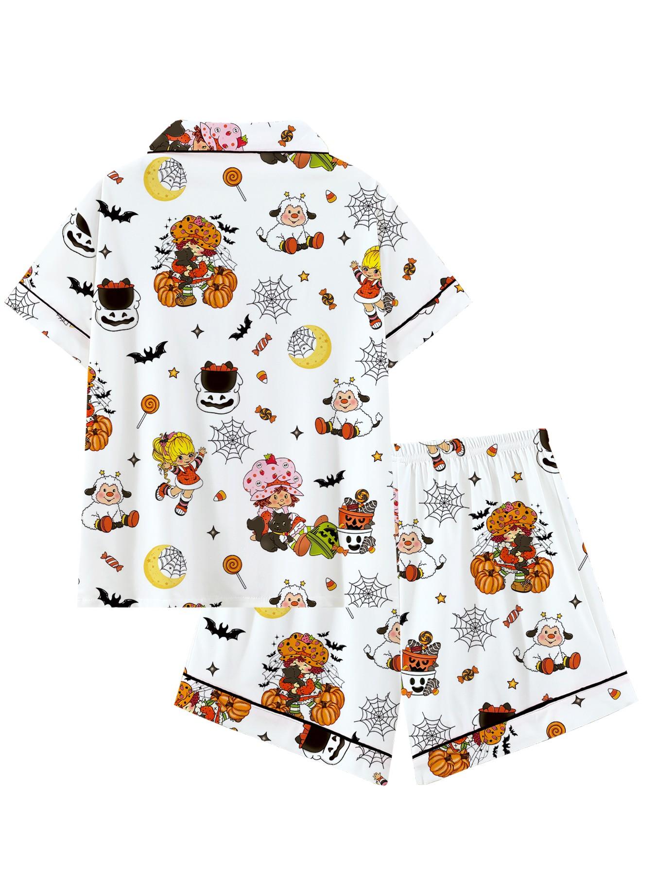 【Halloween】Retro Strawberry Girl Halloween Collared Pajama Set | Cute 80s Nostalgic Cartoon & Pumpkin Print Sleepwear | Soft Short Sleeve Button Down Lounge Outfit | Fun Summeroween 2-Piece PJs with Black Piping Pj Sets