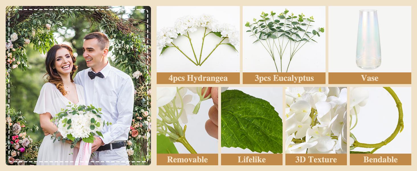 4pcs Fake Hydrangea with Vase -3D Real Faux Hydrangea Flowers and 3pcs Eucalyptus Stems for Wedding Centerpiece Home Table Decoration(White)