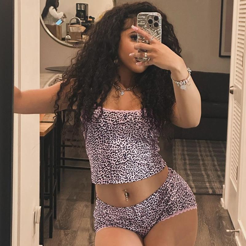 Sexy Casual Leopard Print Cami Top & Mid Waist Shorts Two Piece Set Contrast Lace Straps Trim for Women Summer Beach Vacation Outfits Party Dating Y2K Bodycon Suits